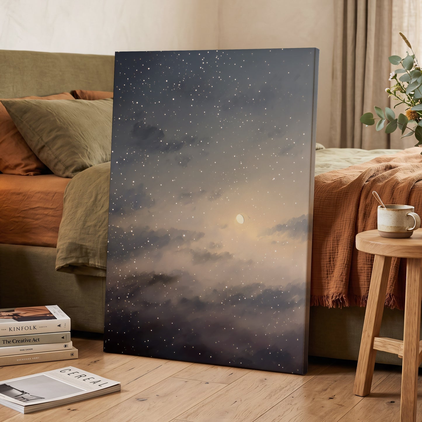 Gilded Nightfall, gray, beige, gold nature wall art displayed in a styled interior, gallery view 7