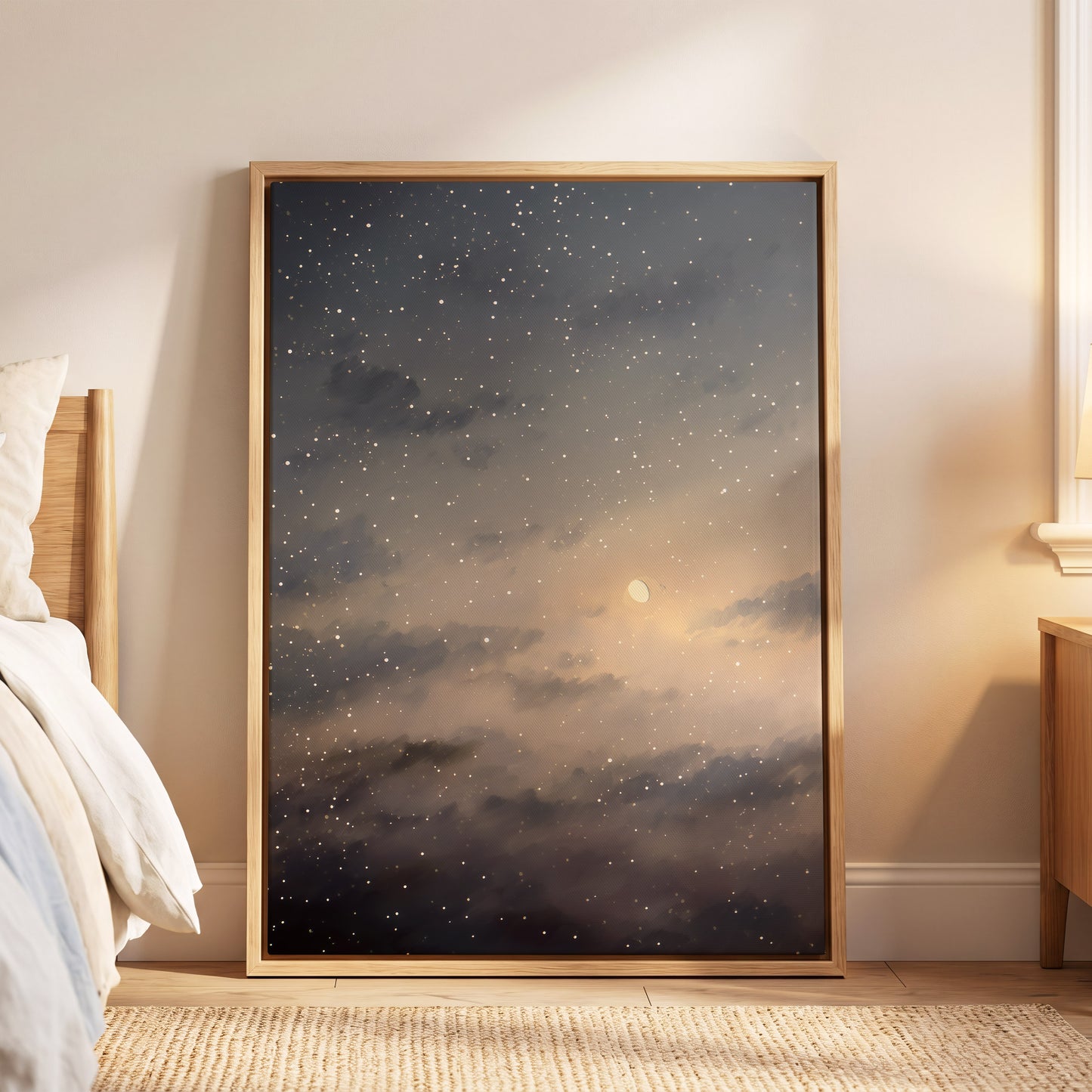 Gilded Nightfall, gray, beige, gold nature wall art displayed in a styled interior, gallery view 8