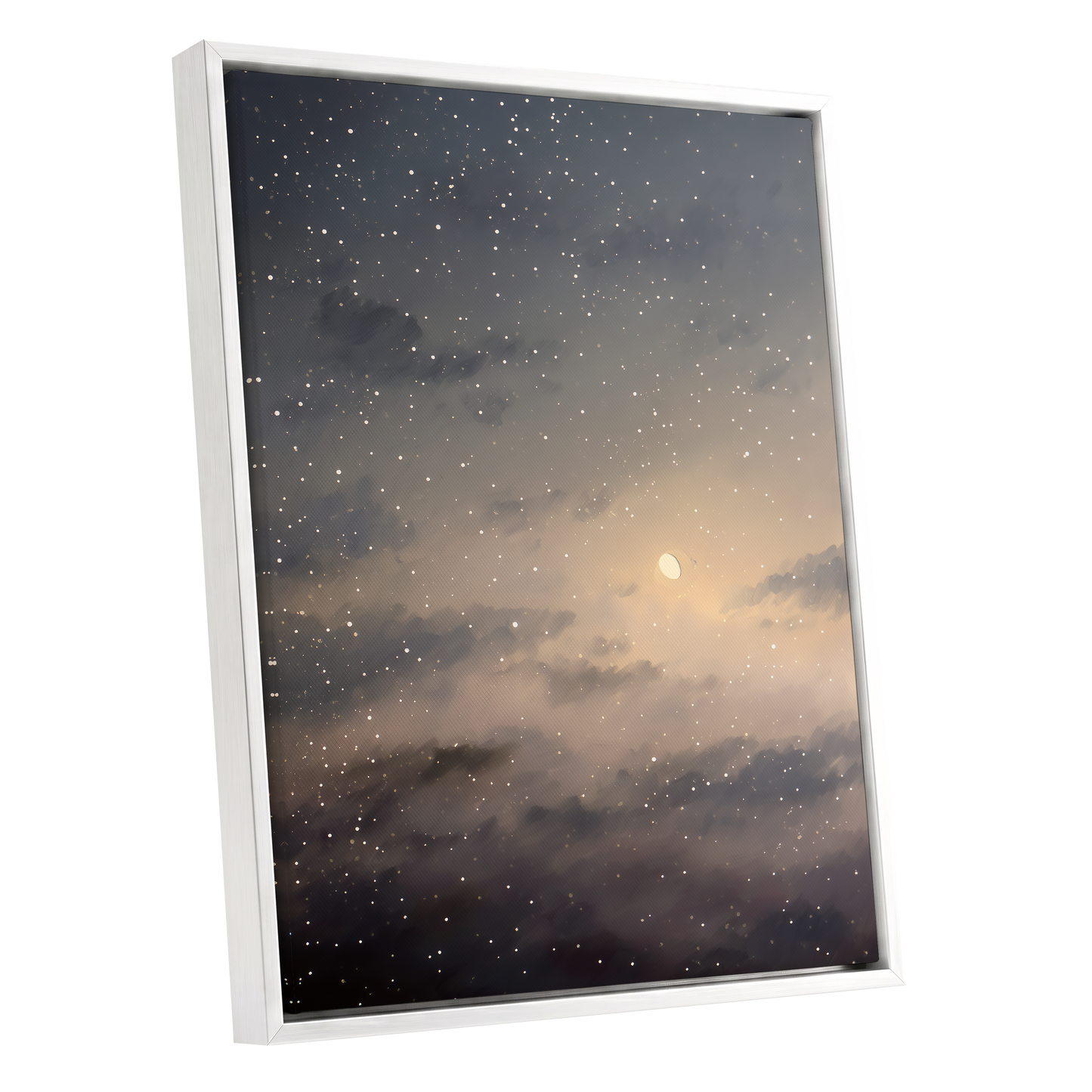 Gilded Nightfall, gray, beige, gold nature wall art shown as a white framed canvas wall art
