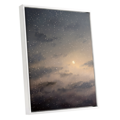 Gilded Nightfall, gray, beige, gold nature wall art shown as a white framed canvas wall art