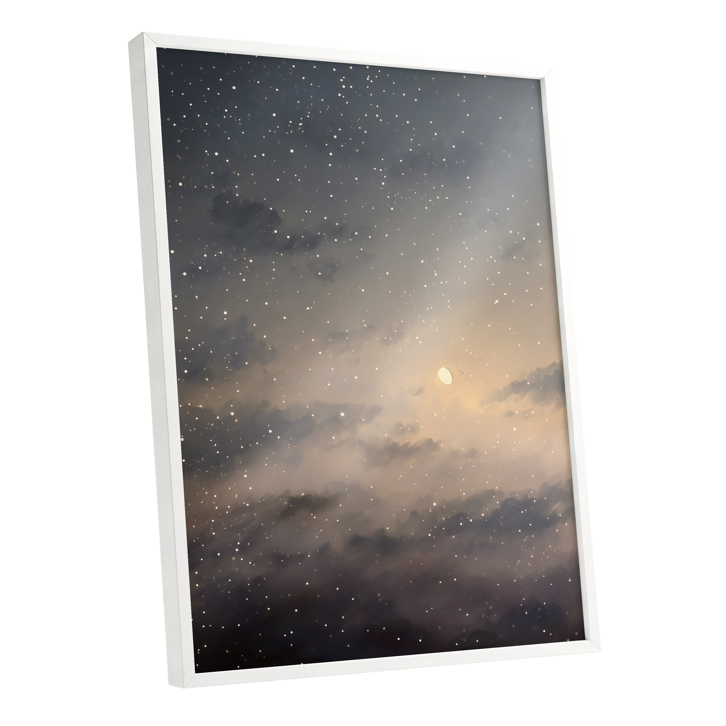 Gilded Nightfall, gray, beige, gold nature wall art shown as a white framed poster wall art print