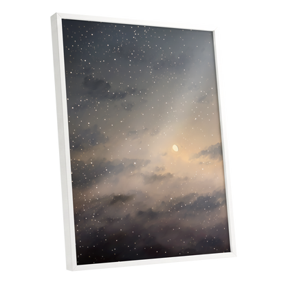 Gilded Nightfall, gray, beige, gold nature wall art shown as a white framed poster wall art print