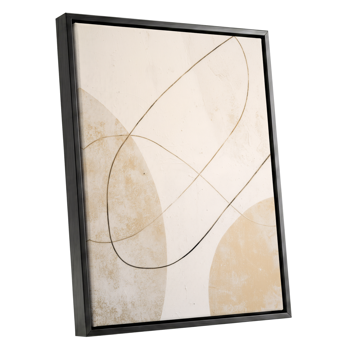 Gilded Orbit, white, beige, gold minimalist wall art shown as a black framed canvas wall art