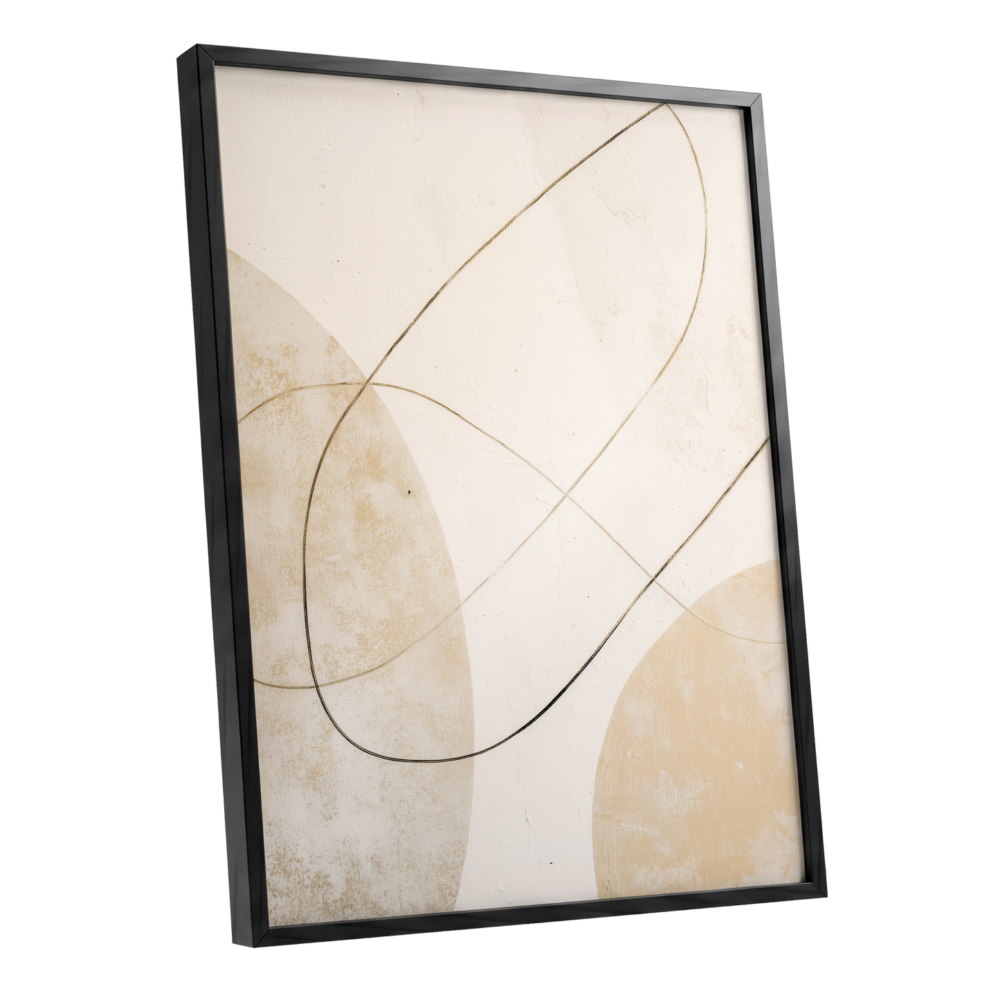 Gilded Orbit, white, beige, gold minimalist wall art shown as a black framed poster wall art print
