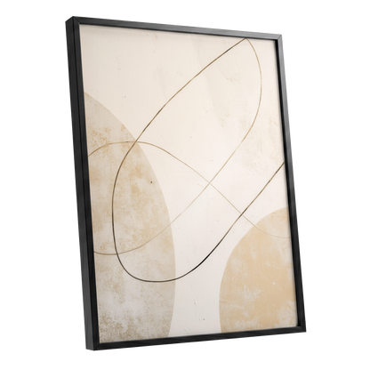Gilded Orbit, white, beige, gold minimalist wall art shown as a black framed poster wall art print