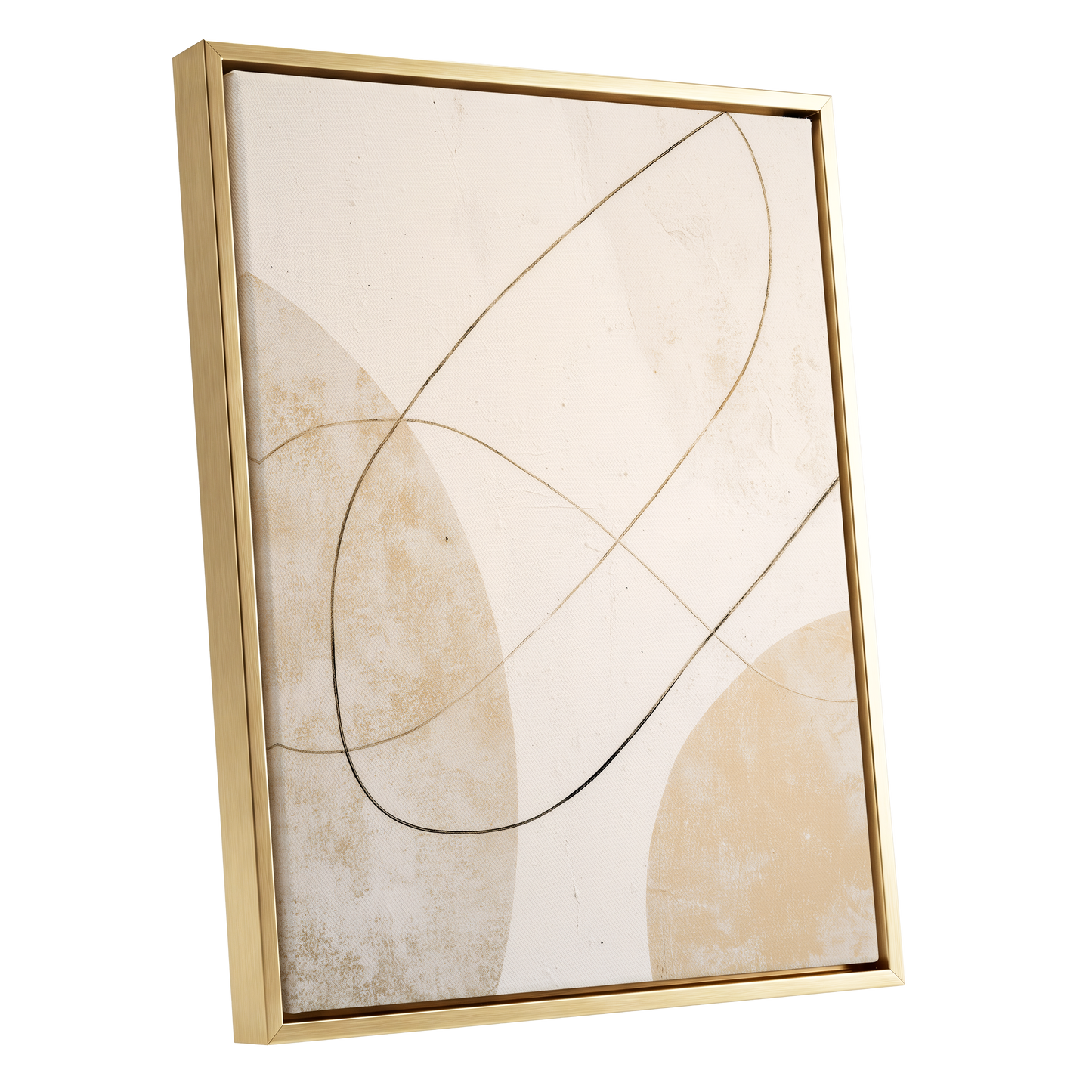 Gilded Orbit, white, beige, gold minimalist wall art shown as a gold framed canvas wall art