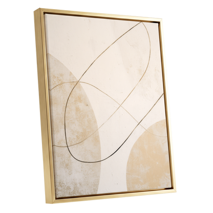 Gilded Orbit, white, beige, gold minimalist wall art shown as a gold framed canvas wall art