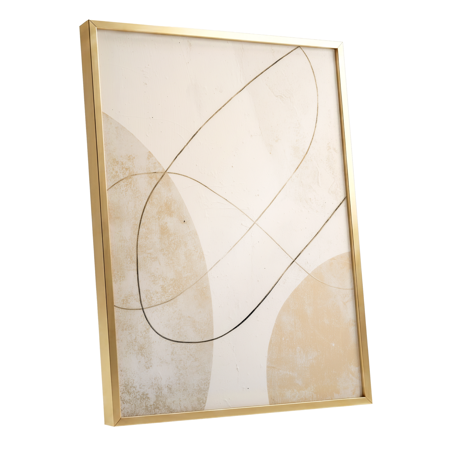 Gilded Orbit, white, beige, gold minimalist wall art shown as a gold framed poster wall art print