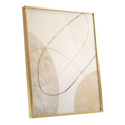Gilded Orbit, white, beige, gold minimalist wall art shown as a gold framed poster wall art print