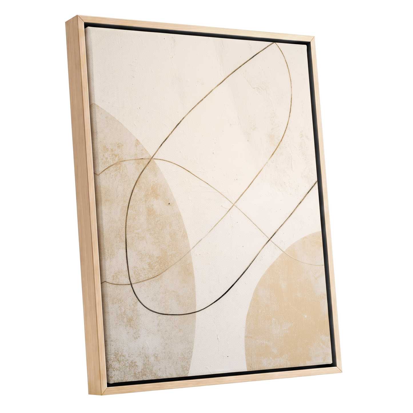 Gilded Orbit, white, beige, gold minimalist wall art shown as a oak framed canvas wall art