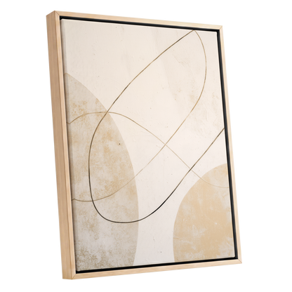 Gilded Orbit, white, beige, gold minimalist wall art shown as a oak framed canvas wall art