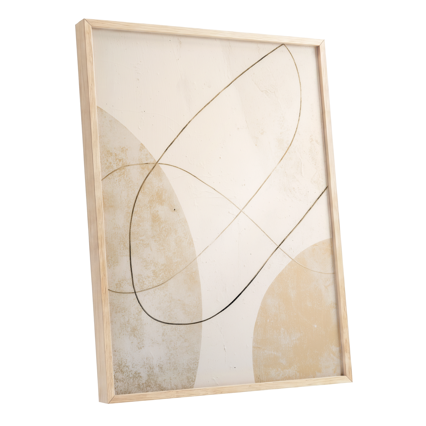 Gilded Orbit, white, beige, gold minimalist wall art shown as a oak framed poster wall art print
