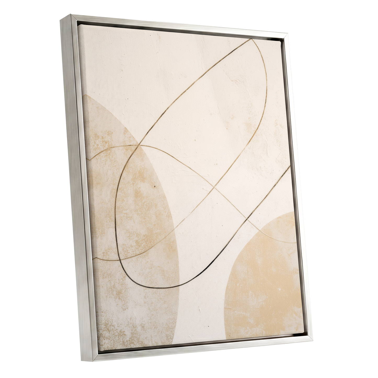 Gilded Orbit, white, beige, gold minimalist wall art shown as a silver framed canvas wall art
