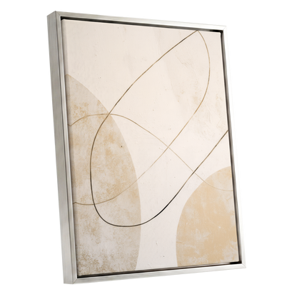 Gilded Orbit, white, beige, gold minimalist wall art shown as a silver framed canvas wall art