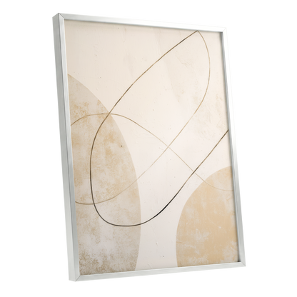 Gilded Orbit, white, beige, gold minimalist wall art shown as a silver framed poster wall art print