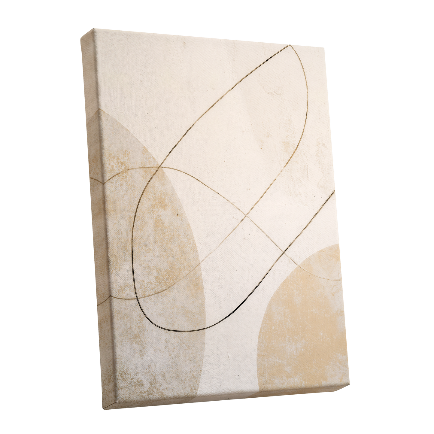 Gilded Orbit, white, beige, gold minimalist wall art shown as a stretched canvas wall art