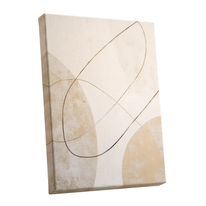 Gilded Orbit, white, beige, gold minimalist wall art shown as a stretched canvas wall art