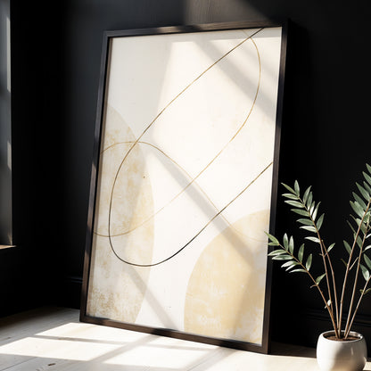 Gilded Orbit, white, beige, gold minimalist wall art displayed in a styled interior, gallery view 2
