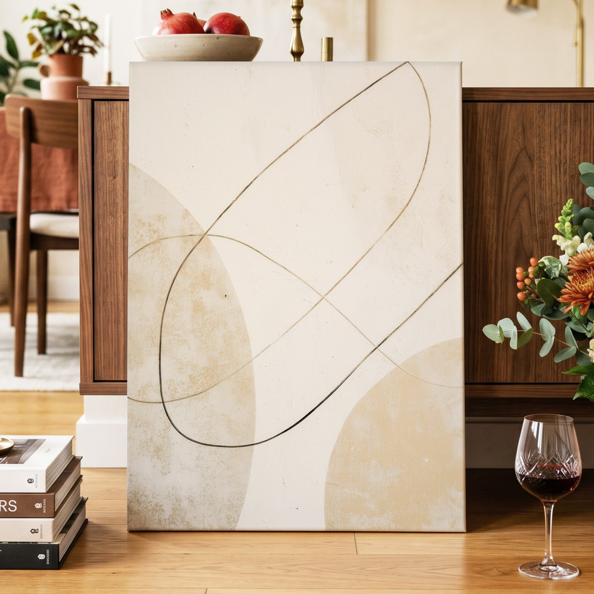 Gilded Orbit, white, beige, gold minimalist wall art displayed in a styled interior, gallery view 3