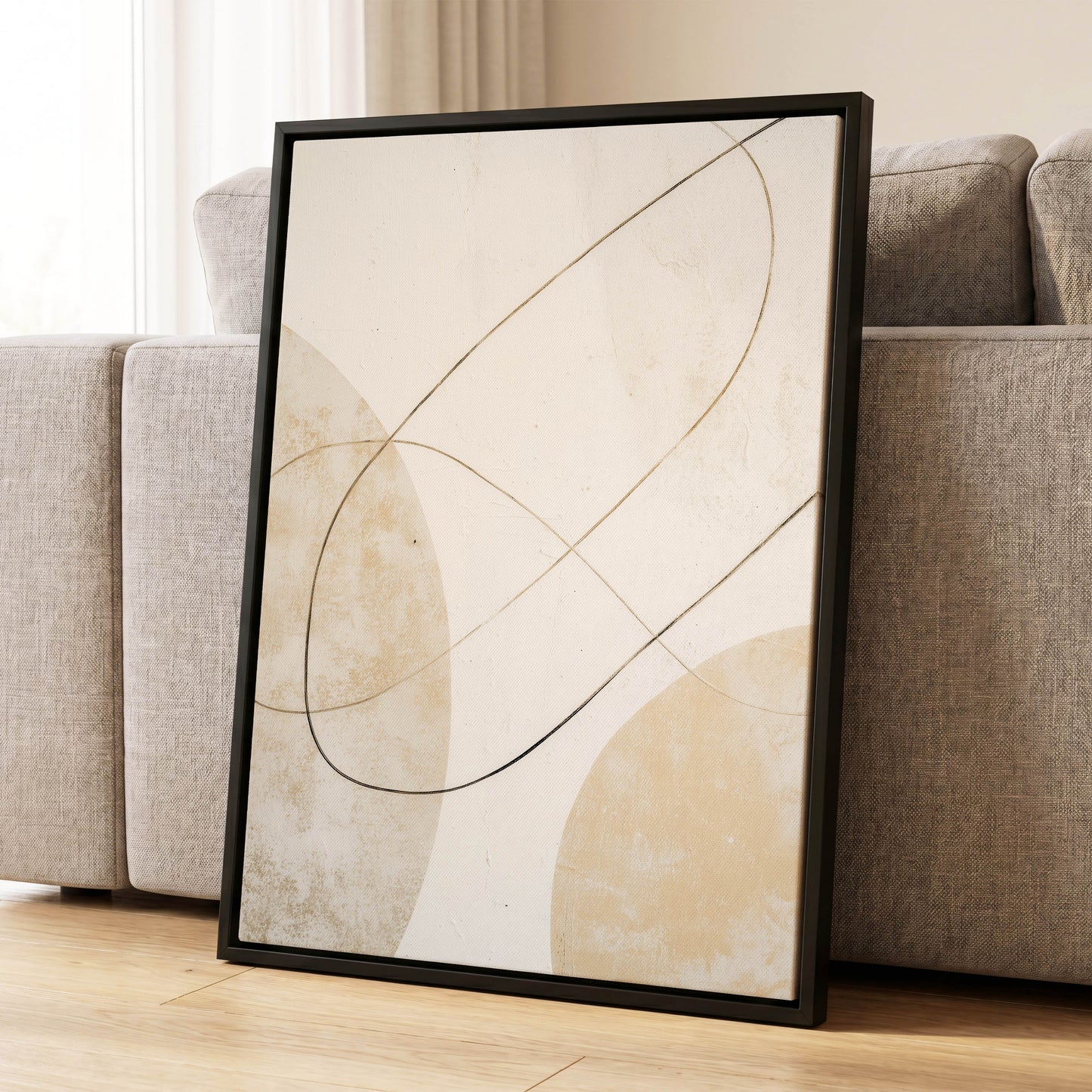 Gilded Orbit, white, beige, gold minimalist wall art displayed in a styled interior, gallery view 4