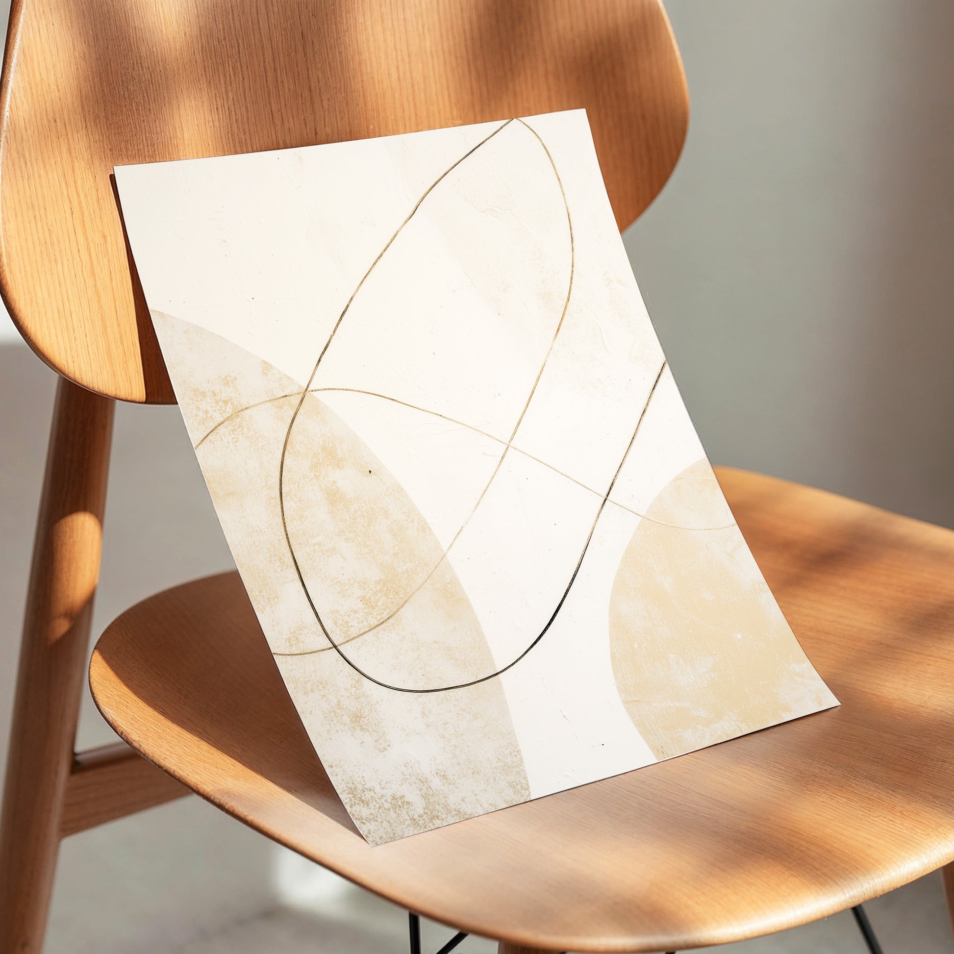 Gilded Orbit, white, beige, gold minimalist wall art displayed in a styled interior, gallery view 5
