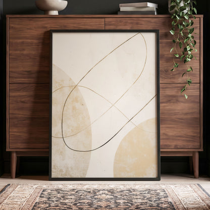 Gilded Orbit, white, beige, gold minimalist wall art displayed in a styled interior, gallery view 6