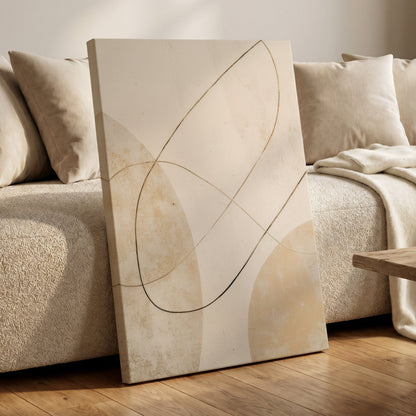 Gilded Orbit, white, beige, gold minimalist wall art displayed in a styled interior, gallery view 7