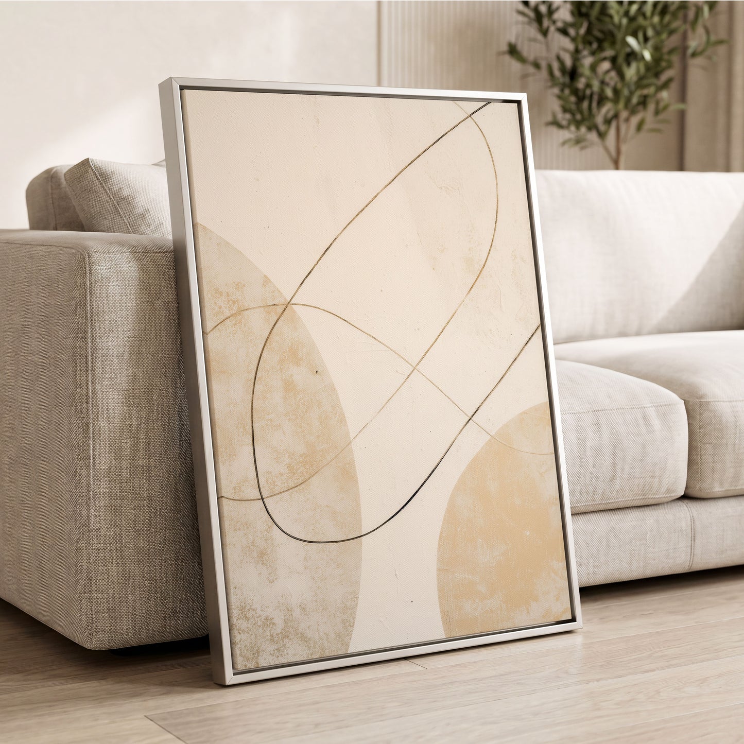 Gilded Orbit, white, beige, gold minimalist wall art displayed in a styled interior, gallery view 8