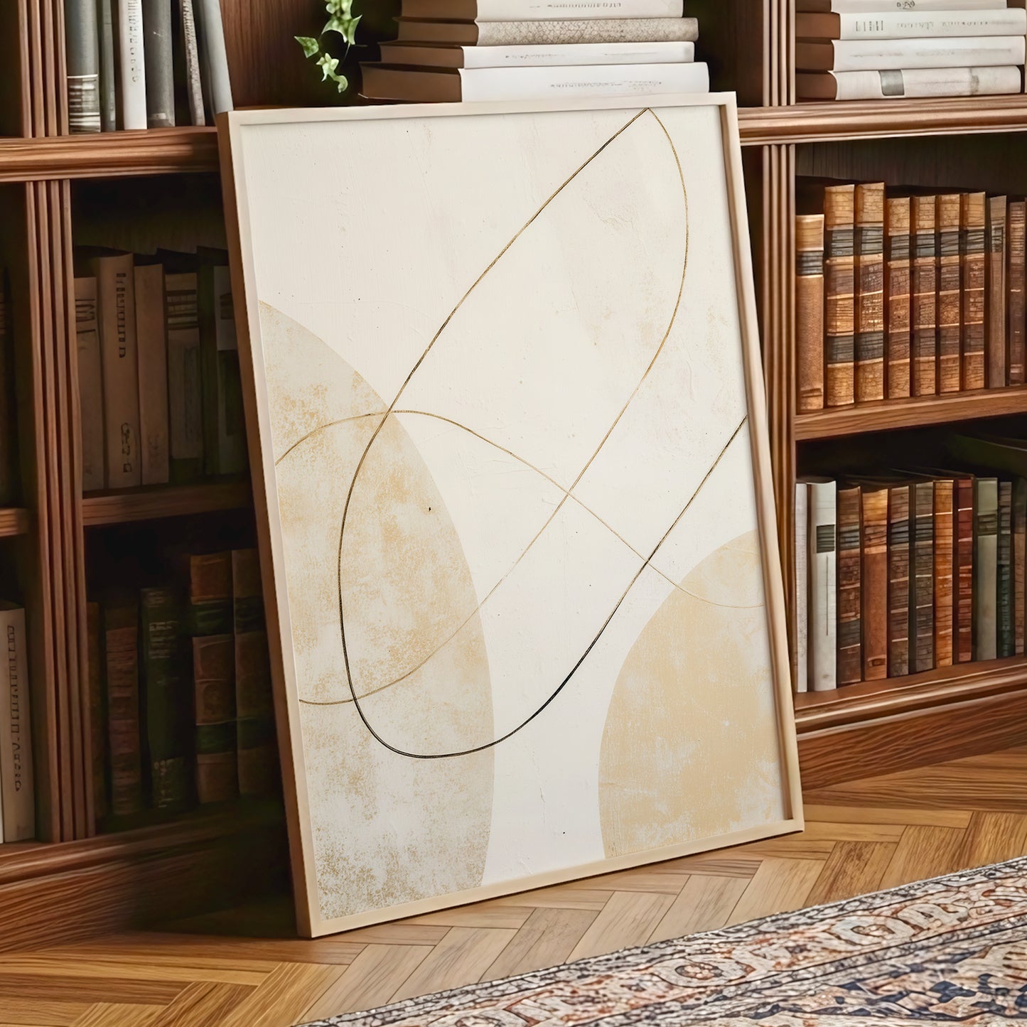 Gilded Orbit, white, beige, gold minimalist wall art displayed in a styled interior, gallery view 9