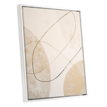 Gilded Orbit, white, beige, gold minimalist wall art shown as a white framed canvas wall art