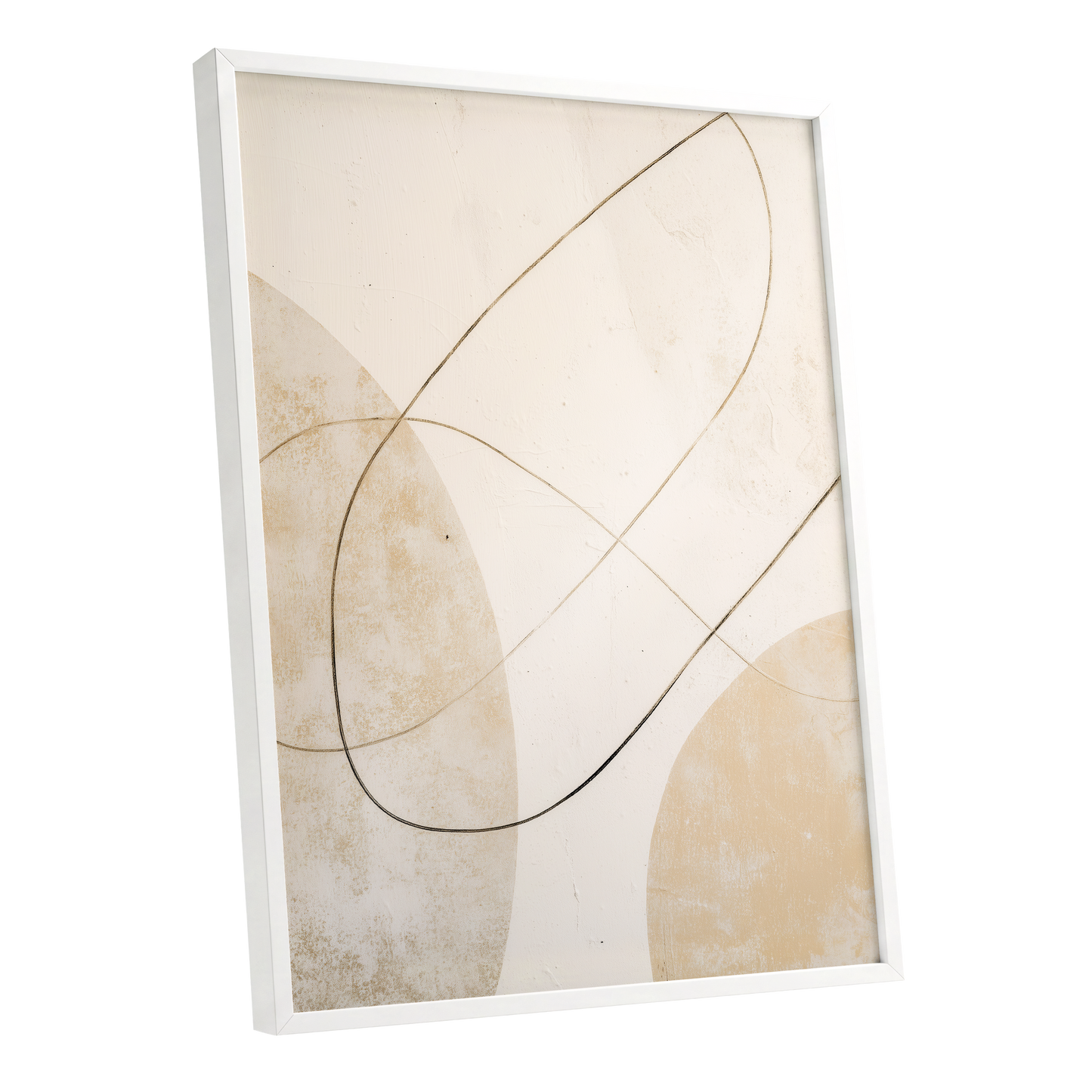 Gilded Orbit, white, beige, gold minimalist wall art shown as a white framed poster wall art print