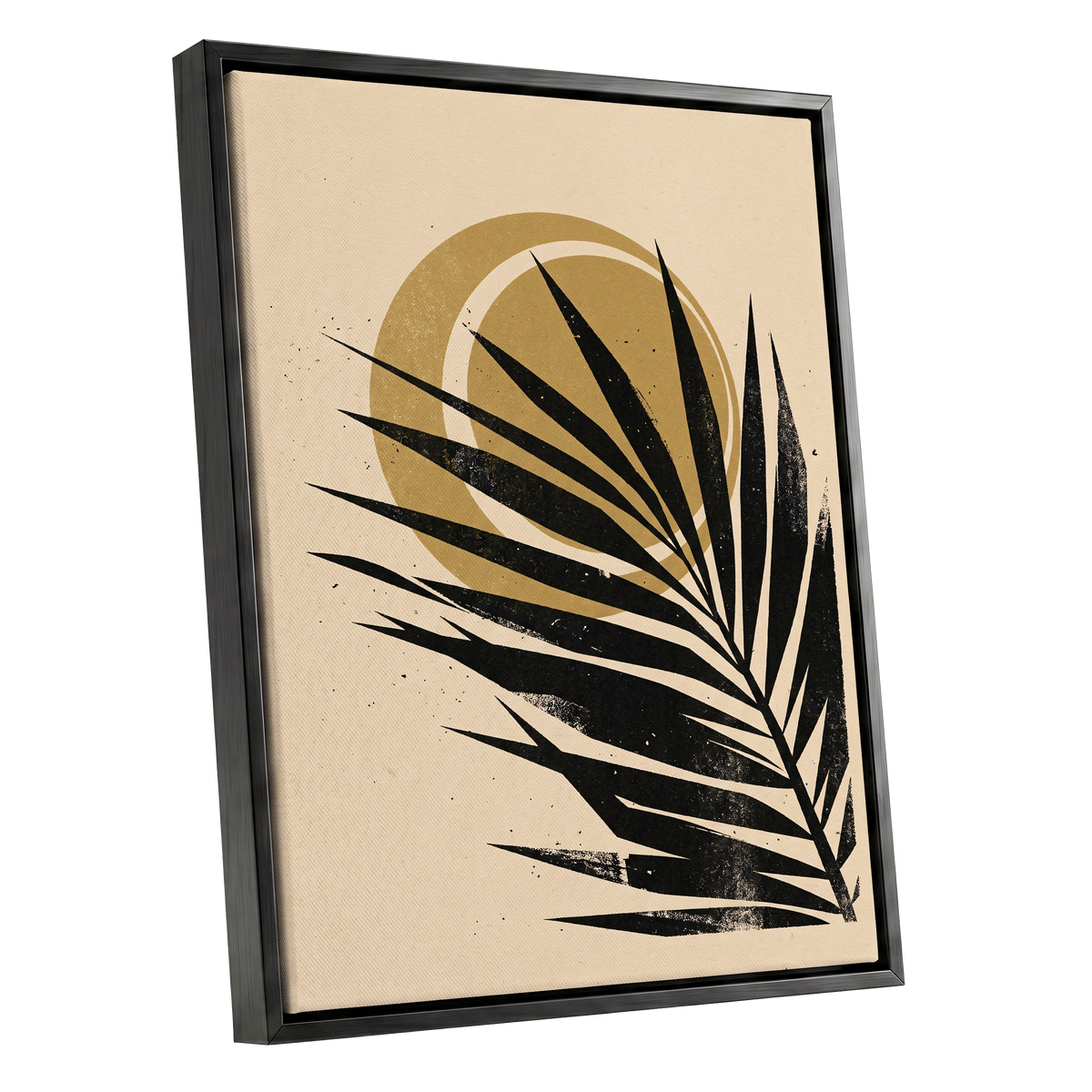 Gilded Palm Eclipse, black, beige, gold nature wall art shown as a black framed canvas wall art