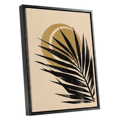 Gilded Palm Eclipse, black, beige, gold nature wall art shown as a black framed canvas wall art