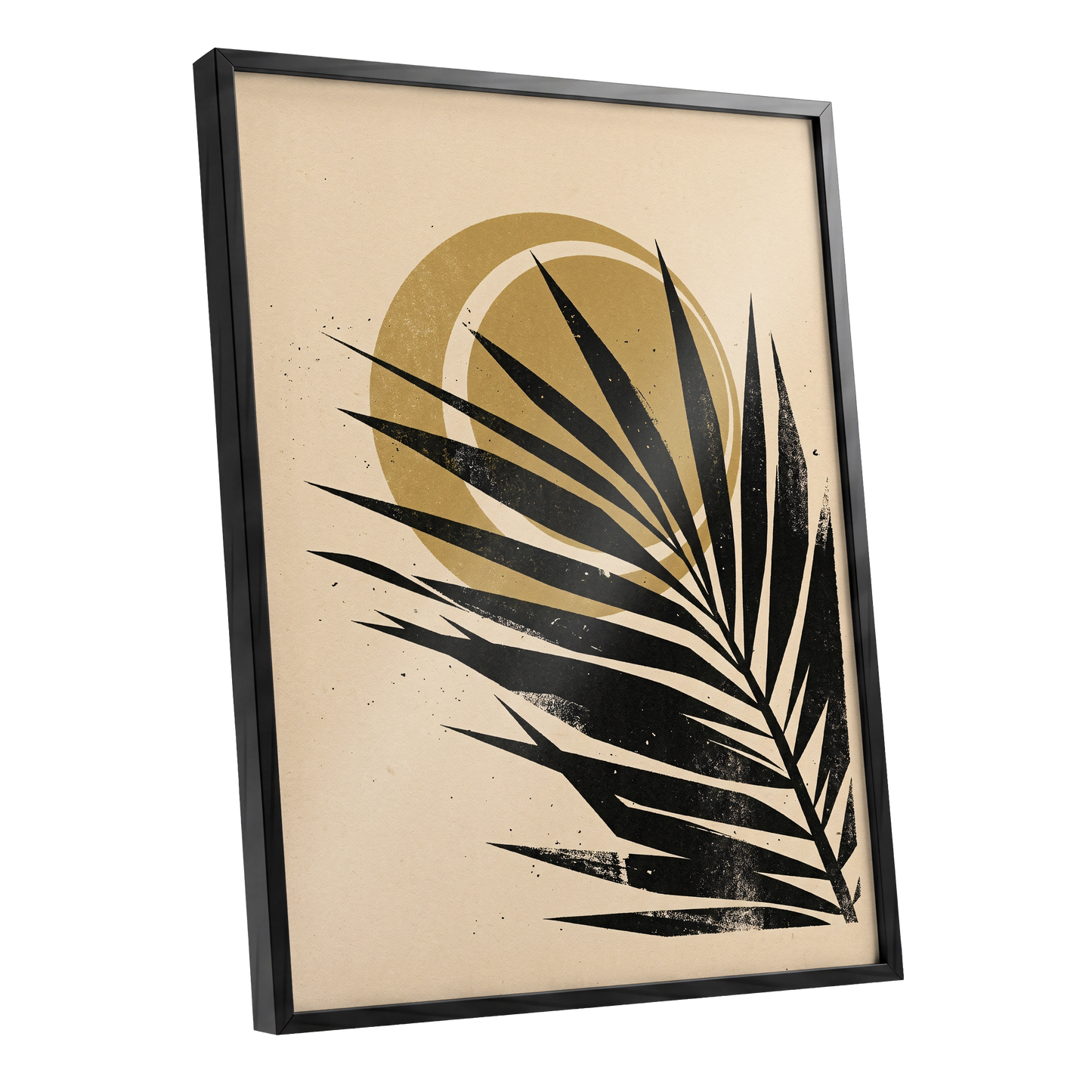 Gilded Palm Eclipse, black, beige, gold nature wall art shown as a black framed poster wall art print