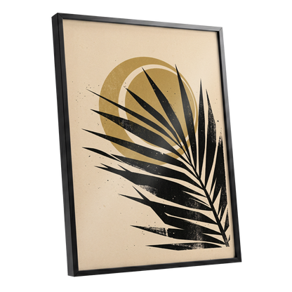 Gilded Palm Eclipse, black, beige, gold nature wall art shown as a black framed poster wall art print