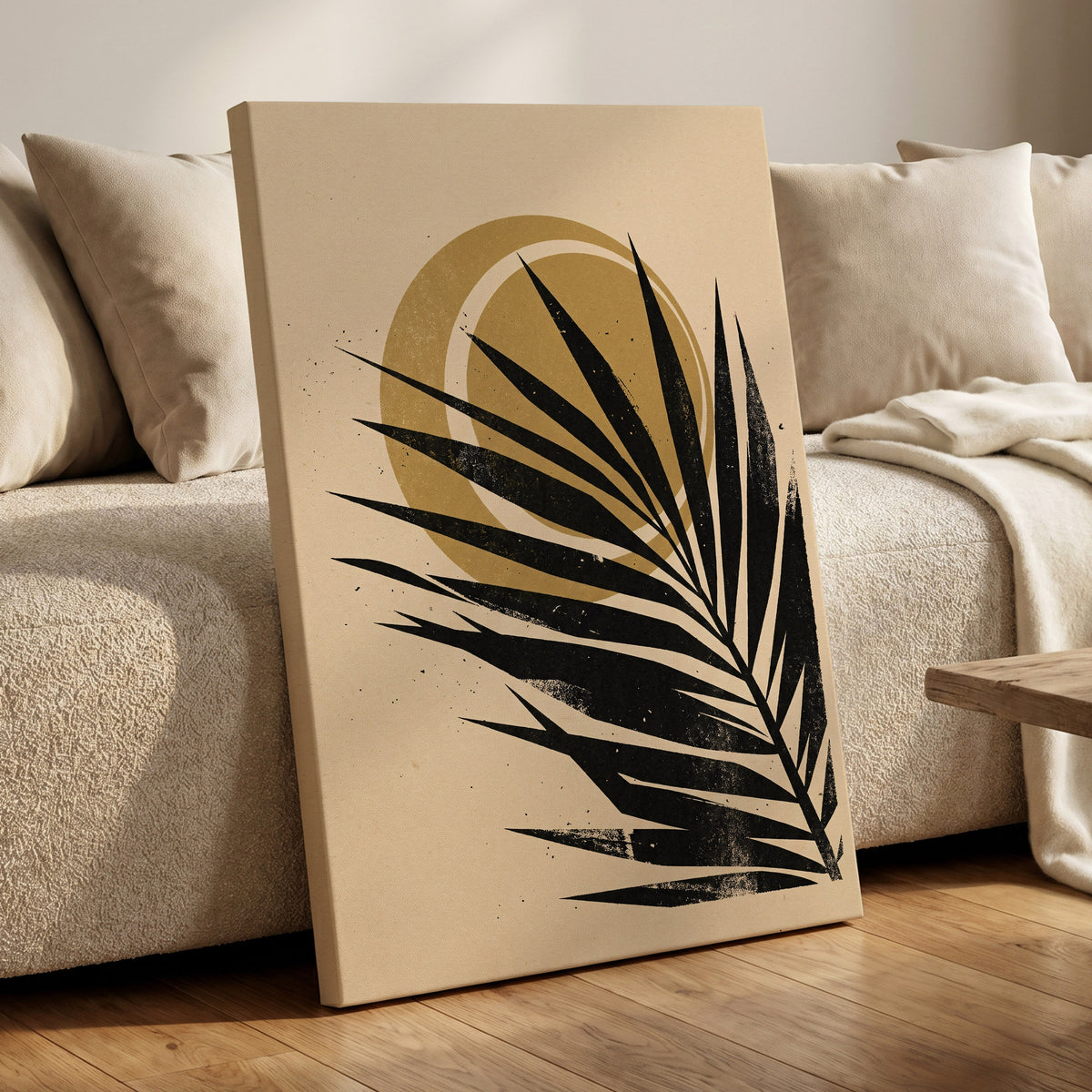 Gilded Palm Eclipse, black, beige, gold nature wall art on canvas displayed in a styled interior, gallery view 1