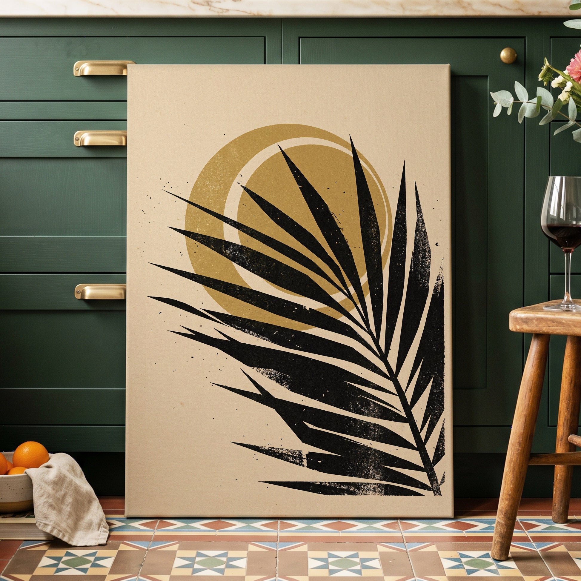 Gilded Palm Eclipse, black, beige, gold nature wall art on canvas displayed in a styled interior, gallery view 2