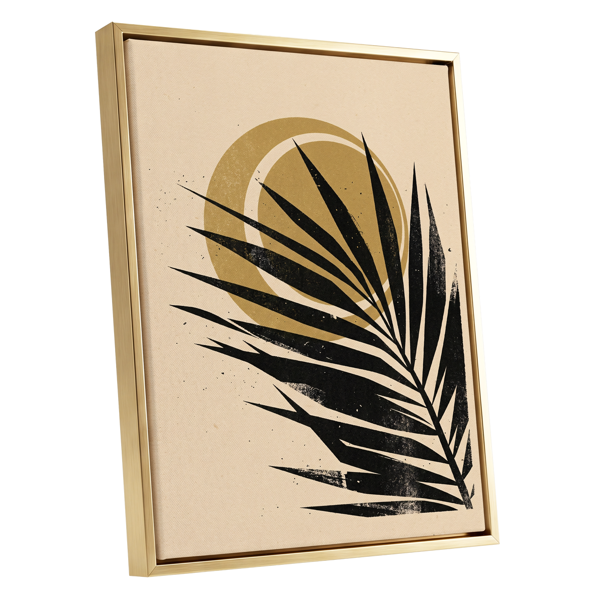 Gilded Palm Eclipse, black, beige, gold nature wall art shown as a gold framed canvas wall art