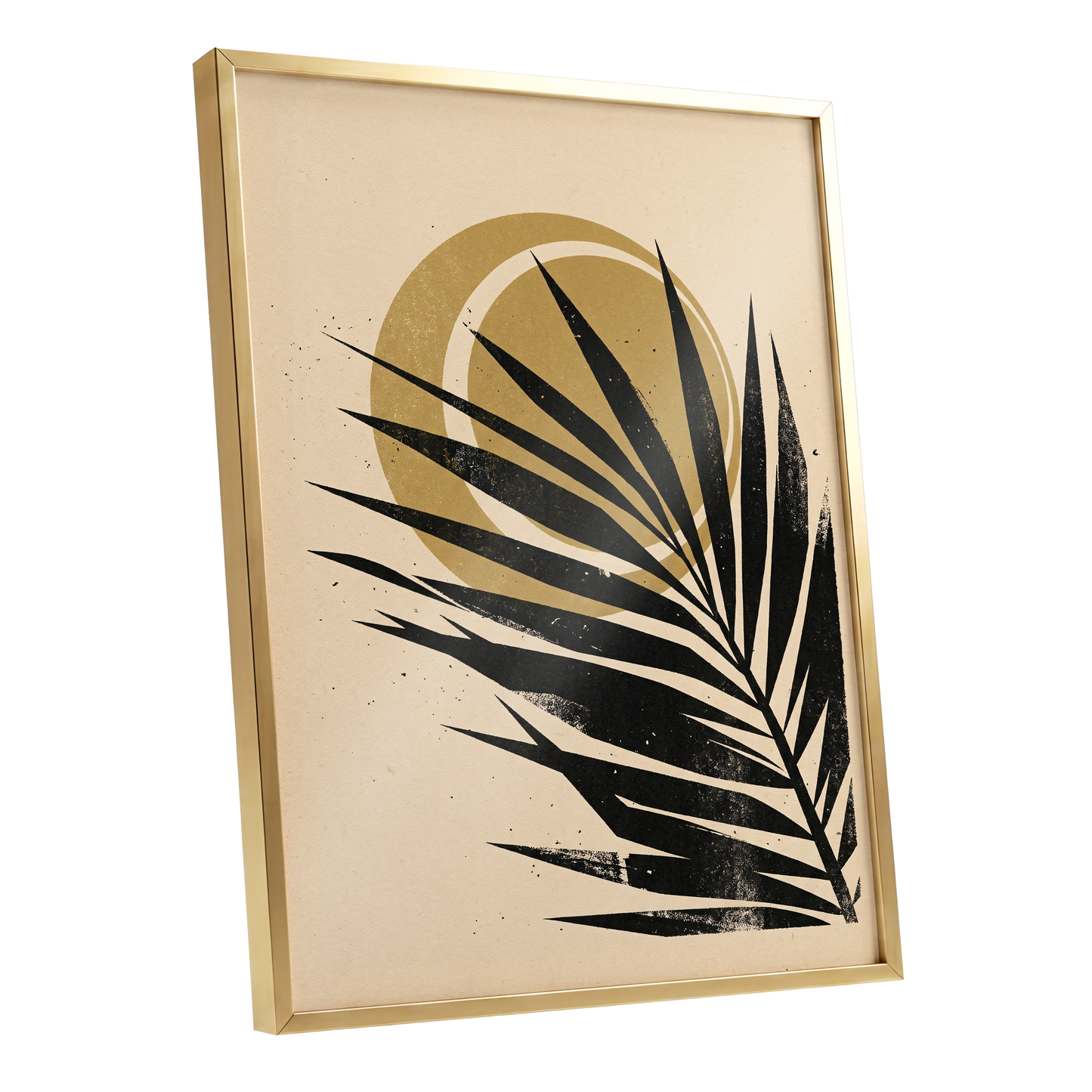 Gilded Palm Eclipse, black, beige, gold nature wall art shown as a gold framed poster wall art print