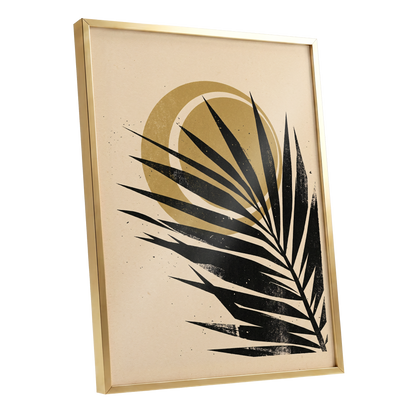 Gilded Palm Eclipse, black, beige, gold nature wall art shown as a gold framed poster wall art print