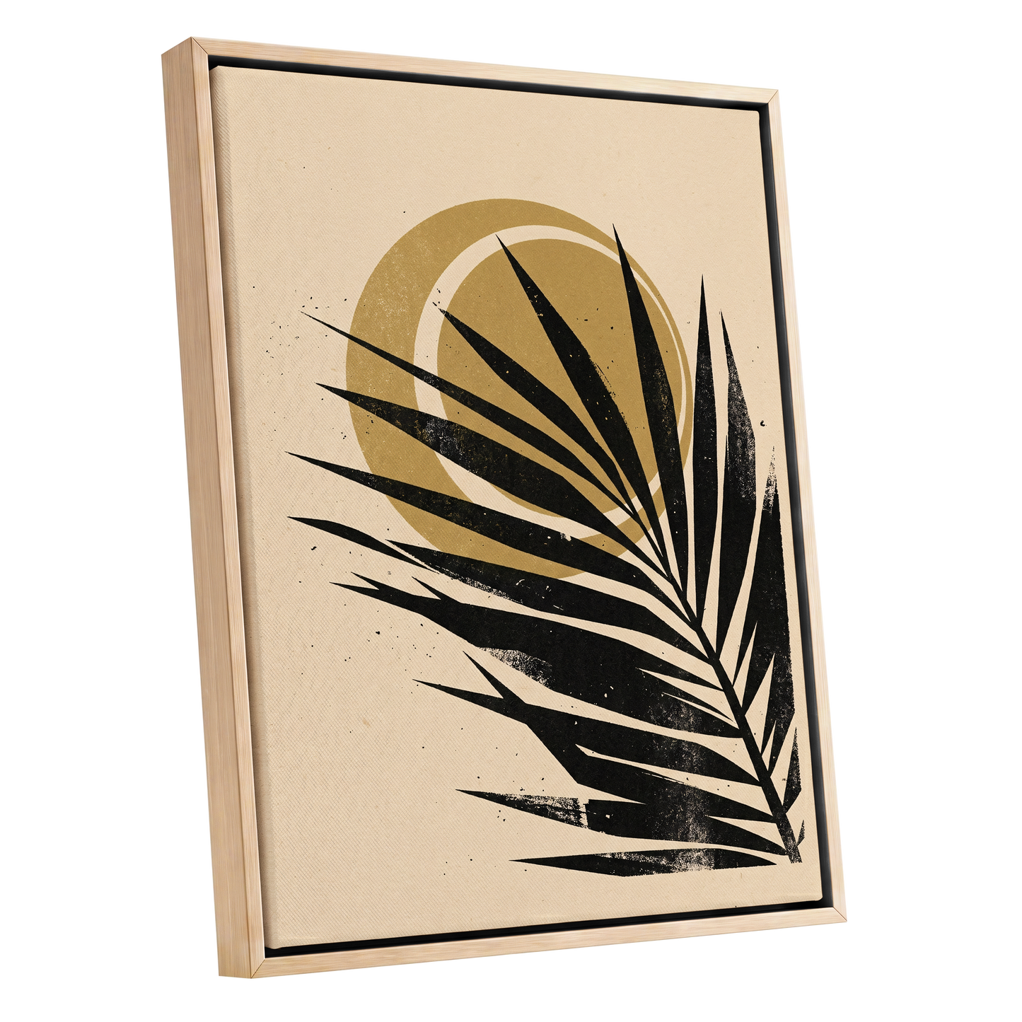 Gilded Palm Eclipse, black, beige, gold nature wall art shown as a oak framed canvas wall art