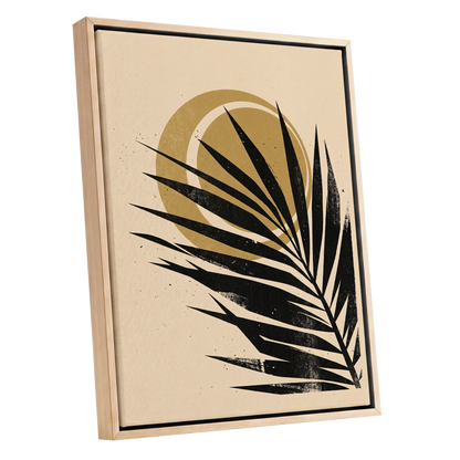 Gilded Palm Eclipse, black, beige, gold nature wall art shown as a oak framed canvas wall art