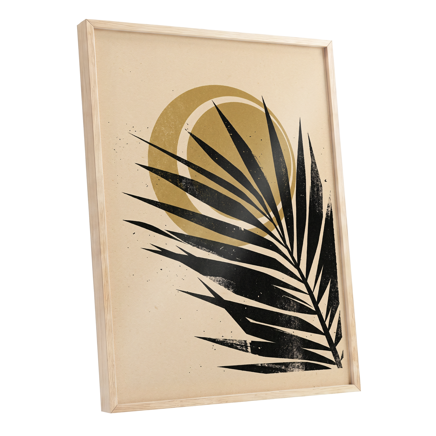 Gilded Palm Eclipse, black, beige, gold nature wall art shown as a oak framed poster wall art print