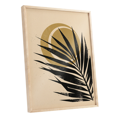 Gilded Palm Eclipse, black, beige, gold nature wall art shown as a oak framed poster wall art print