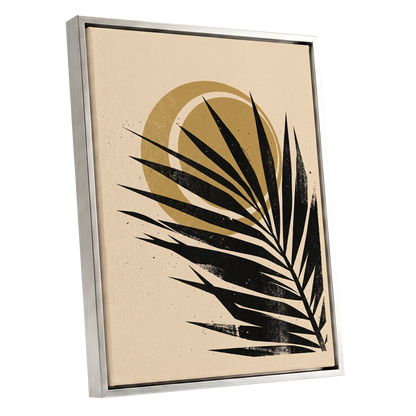 Gilded Palm Eclipse, black, beige, gold nature wall art shown as a silver framed canvas wall art