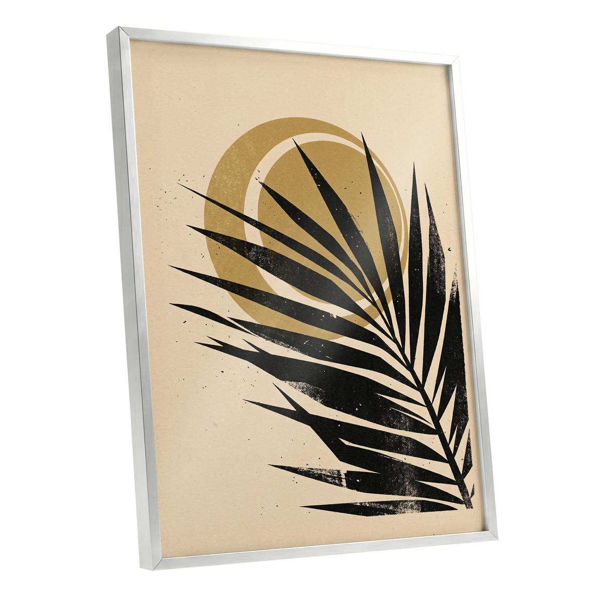 Gilded Palm Eclipse, black, beige, gold nature wall art shown as a silver framed poster wall art print