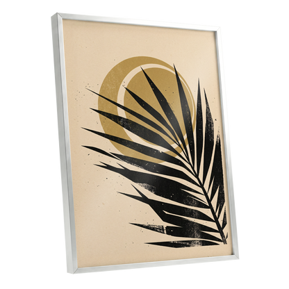 Gilded Palm Eclipse, black, beige, gold nature wall art shown as a silver framed poster wall art print