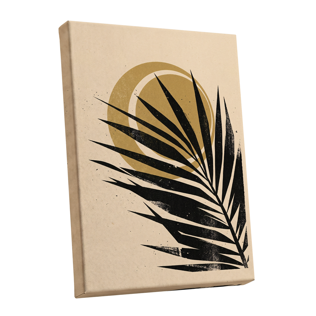 Gilded Palm Eclipse, black, beige, gold nature wall art shown as a stretched canvas wall art