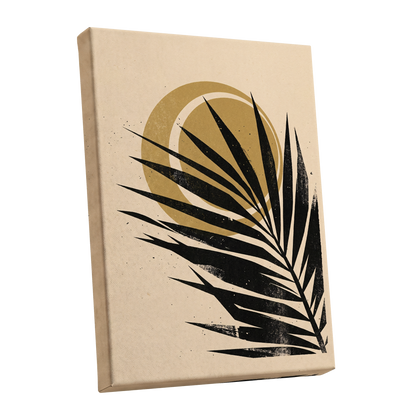 Gilded Palm Eclipse, black, beige, gold nature wall art shown as a stretched canvas wall art