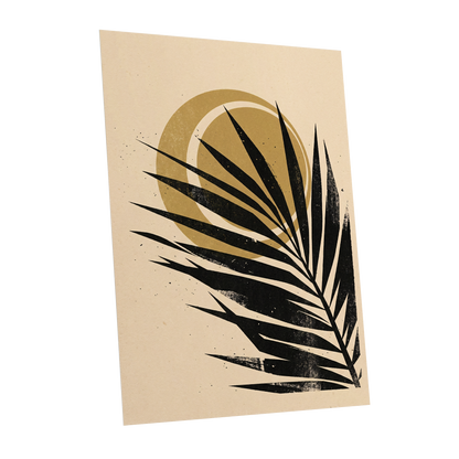 Gilded Palm Eclipse, black, beige, gold nature wall art shown as a unframed poster wall art print